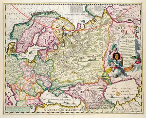 Kart over Lilleasia som viser Norge, Sverige, Danmark, Lappland, Polen, Tyrkia, Russland og Moskva-regionen, ca. 1626 (håndfarget plategravering)